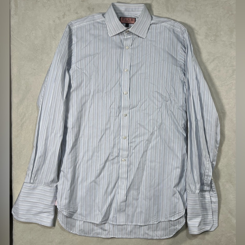 Thomas Pink 15.5-36 Savile Row French Cuff Navy Stripe Spread Collar Shirt EUC